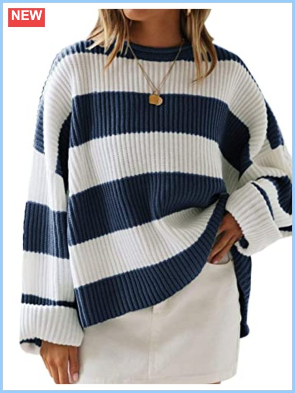 Oversized Striped Knit Sweater Long Sleeve Crew Neck Pullover